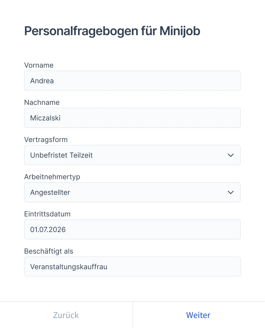 Grafik mit einem Formular zur Abfrage von Stammdaten eines Minijobs