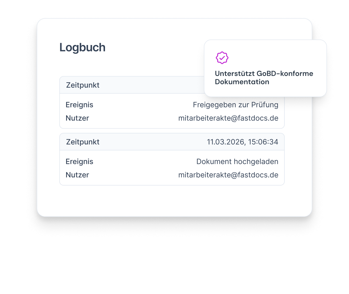 Logbuch in der Mitarbeiterakte mit Einträgen zu hochgeladenen und freigegebenen Dokumenten sowie GoBD-Konformitätsnachweis